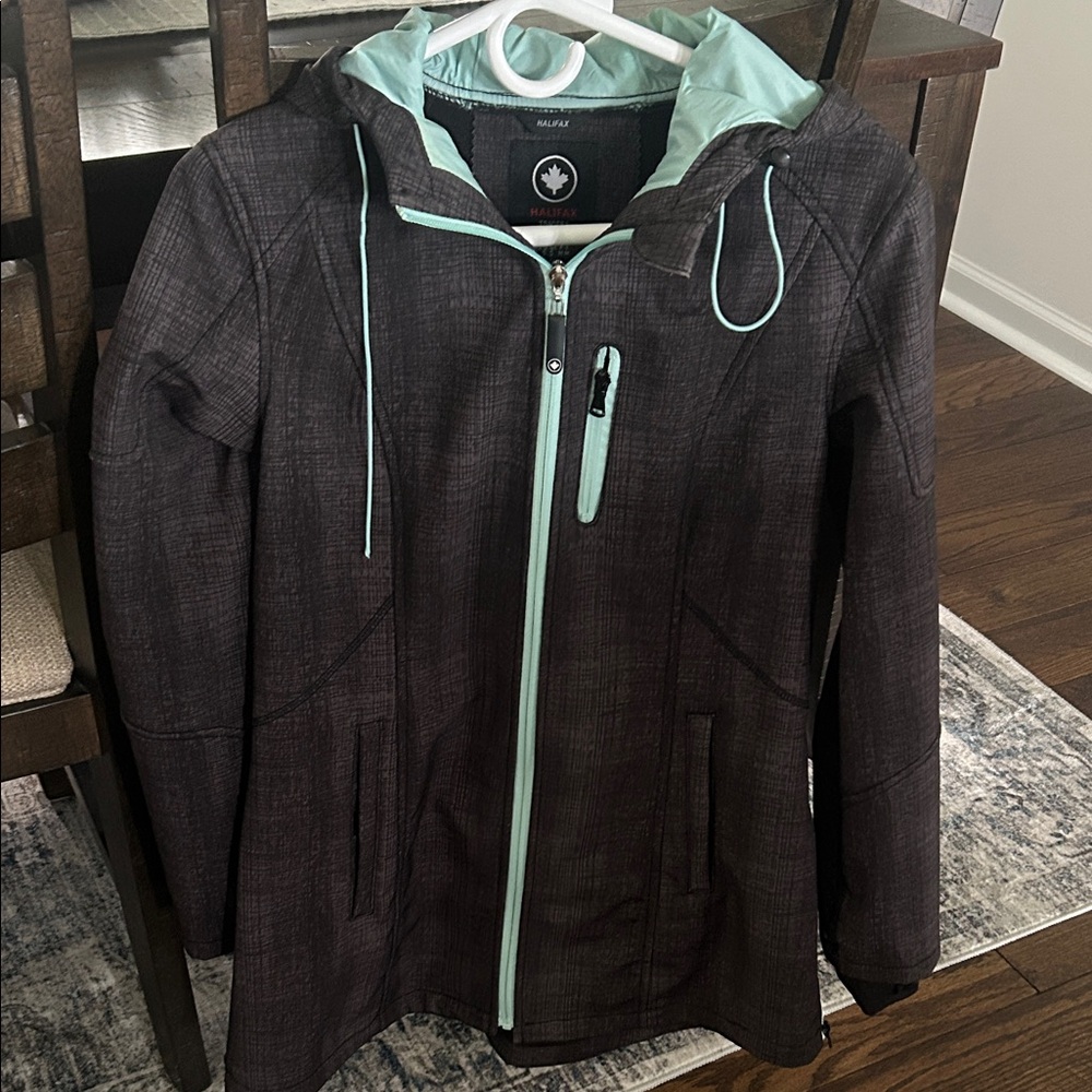 NWOT Halifax Women’s Dark Gray Rain Jacket with Mint Trim